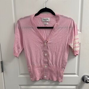 Thom Browne Light Pink Cardigan with Cream Stripes Silk Wool Blend Size Small